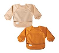 Tiny Twinkle Mess Proof Baby Bibs, 2pk Waterproof Smock Baby Bibs for Eating, Machine Washable Long Sleeve Bibs, Baby Led Weaning, Toddler Bibs, BLW Supplies (Sand Cinnamon, Small 6-24 Months)