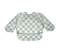 Tiny Twinkle Mess Proof Baby Bibs - Waterproof Baby-Led Weaning Apron - 100% Recycled Polyester, Easy to Clean & Machine Washable Long Sleeve Bibs (Sage Check, Small 6-24 Months)