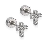 Tiny Zirconia Cross Earrings, Flat Back Cross Stud Earrings Titanium Steel Small Minimalist Jewelry for Women Men Cartilage Tragus Piercing Sleeper Fashion Gift (Silver)