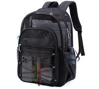 TINYAT Heavy Duty Mesh Backpack for Women Men See Through Beach bags Black Swim Net Backpack Daypack for Travel Work Gym