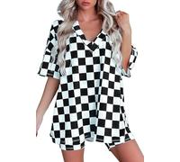 TinyCribz Women's Black Checkerboard Print V Neck Loose Tee and Shorts Lounge Set, Black, 12-14