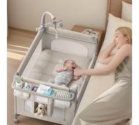 TinyGlow 4 in 1 Baby Bassinet, Pack and Play, Bedside Crib Sleeper, Diaper Changer, Quickly Assembled and Folded Portable Crib with Mattress and Mosquito Net, Easy to Carry