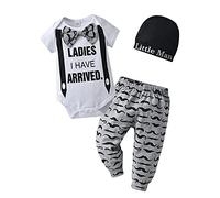Tinykeke Newborn Baby Boy Clothes Infant Ladies I Have Arrived Short Sleeve Romper + Hat + Beard Pants 3pcs Summer Outfits Sets (Newborn) White and Grey