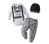 Tinykeke Newborn Baby Boy Clothes Infant Long Sleeve Romper Ladies I have arrived Tops + Hat +beard pattern Pants 3pcs Outfits Sets (6-9 Months) White and Light Grey
