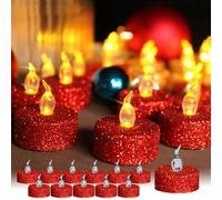 TINYOUTH 12PCS LED Tea Light Candles, Flameless Tea Lights Flickering Led Tealight Batteries Included for Wedding Party Anniversary Engagement Decoration, Red Glittering