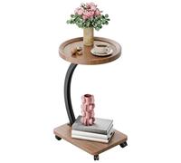 tinysiry 2 Tiers C Shaped Side Table, Swivel End Table for Sofa Small Coffee Table with 360 Degree Casters, Modern Tea Table for Living Room Bedroom, Load Bearing 20kg Wooden Color