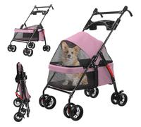 tinysiry 4 Wheels Pet Stroller, Folding Travel Dog Jogger Stroller with Adjustable Handle & Breathable And Visible Mesh & Cup Holder, Foldable Puppy Strollers Dog Cat Cage Jogger up to 22 lbs Pink