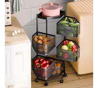 tinysiry 5-Tier Rotating Fruit and Vegetable Basket, Kitchen Storage Rack with Hollow Mesh Design, Movable Floor Standing Organiser, Carbon Steel Multi-Layer Shelf for Kitchen, Black Black Five Laye