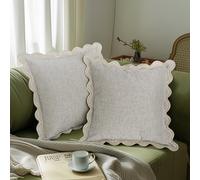 TINYSUN Beige Scalloped Pillow Covers - Set of 2, Double-Sided Embroidered Wavy Design, Premium Chenille Decorative Cushion Covers for Living Room Sofa Couch Bed(Almond Beige,18x18 Inch)