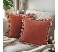 TINYSUN Rust Decorative Scalloped Throw Pillow Covers Set of 2, Embroidered Scallop Wavy Design, Premium Chenille Cushion Fall Pillow Covers for Living Room Sofa Couch Bed(Crimson Rust, 18x18 Inches)