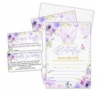 TIOFUNO Set of 25 Baby Shower Invitations, Purple Butterfly Gender Reveal Party Invites with Envelopes, Book Request Cards, Diaper Raffle Tickets for Party Decorations Supplies - A02