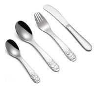 Tiokin Children Cutlery Metal,4 Pcs 18/10 Stainless Steel Kids Flatware Set with Knife/Fork/Spoon/Small Spoon,Todler Silverware Healthy & Mirror Polished, Dishwasher Safe