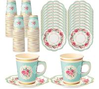 Tioncy 100 Pcs Tea Party Decorations Include 50 Pieces 9 oz Paper Tea Cups with Handle and 50 Plates Disposable Teacups and Saucers Sets for Birthday(Blue Floral)