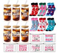 Tioncy 18 Pcs Nurse Gifts for Women 16 oz Glasses Cups with Bamboo Lids and Straws Canvas Makeup Bags Cosmetics Bags Crew Socks for Nurses Week Appreciation Gifts, multicolor, about 9.25 x 6.89 inches