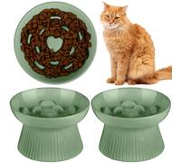 Tioncy 2 Pcs Ceramic Slow Feeder Raised Cat Bowl Cat Food Elevated Dry Wet Food and Water Easy to Clean Pet Bowls High Edge for Small Dogs, Dishwasher Safe(Sage Green)