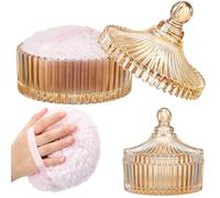 Tioncy 2 Pcs Extra Large Dusting Powder Puff and Container for Women-5.43'' Glass Crystal Dusting Powder Container with 5.91'' Body Soft Washable Reusable Velour Face (Amber)