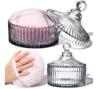 Tioncy 2 Pcs Extra Large Dusting Powder Puff and Container for Women-6'' Glass Crystal Dusting Powder Container with Body Soft Washable Reusable Velour Face(Gray,Classic)