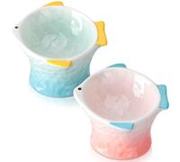 Tioncy 2 Pcs Raised Cat Food Bowl Elevated Shallow Angled Ceramic Cat Bowl Cute Fish Shape Slanted Cat Food Dish Anti Vomiting Non Slip Cat Whisker Fatigue Bowl Tilted Pet Feeder (Green, Pink)