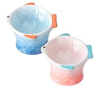 Tioncy 2 Pcs Raised Tilted Ceramic Cat Food Bowl Fish Shape Cute Elevated Slanted Shallow Angled Cat Dish Non Slip Feeder Bowl for Anti-Vomiting and Whisker Fatigue(Blue, Pink)