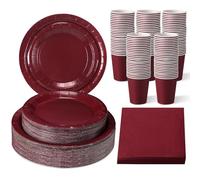 Tioncy 200 Pcs Disposable Paper Plates Cups and Napkins Party Supplies Serve 50 Guests Disposable Paper Dinnerware Set for Graduation Birthday Wedding Baby Shower Family Picnic(Burgundy)