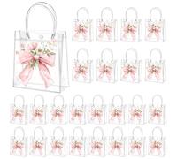 Tioncy 24 Pcs Pink Daisy Bow Clear PVC Gift Bags with Handle Cute Bow Gift Treat Cookies Candy Bags Cute Flower Themed Party Favors for Wedding Bridal Spring Birthday Snack Supplies, 8 x 8 x 3.15''