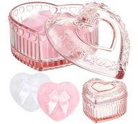 Tioncy 3 Pcs Large Body Powder Puff and Container Heart Shape Crystal Container with Pink and White Powder Puff Powder Applicator Glass Box for Face Body Loose Dusting Powder Wet Dry Makeup