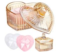 Tioncy 3 Pcs Large Powder Container and Puff Set, Hammered Heart, Amber | Crystal jar, Glass Case with Lid, 10 Soft Washable Velour Face Body Puff, Reusable Wet Dry Use, Vanity Bathroom Decor Storage