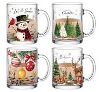 Tioncy 4 Pcs Christmas Coffee Mugs 12 oz Reindeer Glass Cups with Handle Xmas Coffee Cup Xmas Tree Mug Cute Winter Gifts Drinking Containers for Christmas Holiday Party Friends Family