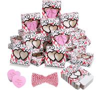 Tioncy 48 Pcs Valentines Cookie Boxes with Window Small Pink Bakery Boxes 4.3x4.3x1.2 Inch Dessert Containers with Heart Cards and Rope for Candy Muffin Homemade Soap Valentine Party Gift(Novelty)