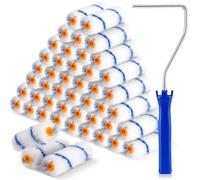 Tioncy 50 Pcs 4 Inch Microfiber Paint Roller Covers Bulk 1/2 Inch Nap with 1 Paint Roller Frame for Walls Tools Home Improvement Supplies (Blue)