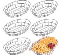 Tioncy 6 Pcs Chrome Oval Metal Wire Baskets 9.5 x 6.2 x 2.2 Inch Bread Serving Decorative Sandwich Container Christmas Party Fast Food Basket for Fruit Burger Kitchen Restaurant(Silver)