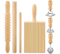 Tioncy 7 Pieces Gnocchi Noodle Making Tool, Wooden Gnocchi Board with Ravioli Stamp and Rolling Pin, Homemade Kitchen Gift for Baking Lovers (Pasta Style)