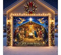 Tioncy Christmas Nativity Garage Door Decorations 8 x 7 ft Large Hanging Garage Door Cover Backdrop, Joy to the World Religious Birth of Jesus Scene Wall Banner for Outdoor Yard Xmas Party Photo Decor