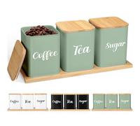 Tioncy Coffee Tea Sugar Container with Tray Set of 3 Airtight Metal Canister with Bamboo Lid Tray for Kitchen Counter Dining Room Farm House Kitchen Style Drink Station Organizer Set (Sage Green)