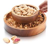 Tioncy Round Acacia Pistachio Snack Bowl Pistachio Bowl with Shell Storage Magnetic Hold Double Layer Pistachio Bowl with Shell Holder for Pistachios Sunflower Seeds and Snack