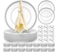 Tioncy Set of 50 Plastic Clear Beads Placemats 33cm Napkin Rings Round Acrylic Decorative Plates for Wedding Party Event (Clear & Silver)