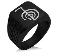 Tioneer Black IP Plated Stainless Steel Reiki Cho Ku Rei Power Engraved Geometric Pattern Biker Style Polished Ring, Size P 1/2