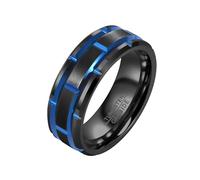 Tioneer Black Plated Tungsten Carbide Ring for Men, 8mm Blue Brick Brushed Center Wedding Band with Polished Grooved Beveled Edges, Tungsten Carbide, No Gemstone