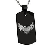Tioneer Black Stainless Steel Day of The Dead Winged Skull Symbol Engraved Dog Tag Pendant Necklace