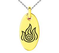 Tioneer Gold Plated Stainless Steel Avatar Fire Element Symbol Engraved Small Oval Charm Pendant Necklace