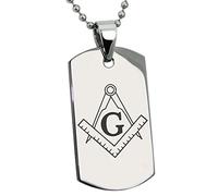 Tioneer Stainless Steel Freemasons Masonic Compass Symbol Engraved Dog Tag Pendant Necklace