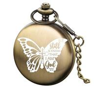 Tiong Bible Verse Pocket Watch Vintage Quartz Pocket Watches Cross Butterfly Pattern with Chain Christmas Graduation Birthday Gifts Father's Day Mother's Day, bronze-02