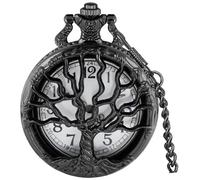Tiong Black Hollow Tree of Life Design Pocket Watch Arabic Numerals Quartz Pocket Watches with Chain Necklace for Men Women