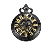 Tiong Black Hollowed Out Arabic Numeral Pattern Design Mechanical Pocket Watch, Men's Mechanical Movement Arabic Numeral Dial Single Opening Pocket Watch, PWM14, fashion