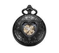 Tiong Black Hollowed Out Heart-Shaped Pattern Design Mechanical Pocket Watch, Men's Mechanical Movement Roman Numeral Dial Single Opening Pocket Watch, PWM23, fashion