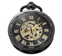 Tiong Black Uncovered Open Design Mechanical Pocket Watch Case for Men, Men's Mechanical Roman Numerals Pocket Watch with Chain and Gift Box-Black