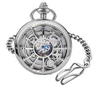 Tiong Black Vintage Style Hollow-Out Round Gear Arabic White Dial Men's Mechanical Pocket Watch