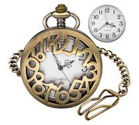 Tiong Bronze Hollowed-Out Number Ring with White Arabic Numeral Dial Men's Quartz Pocket Watch