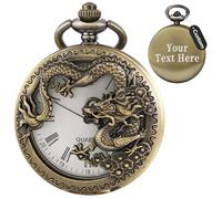 Tiong Bronze Personalised Engraved Hollow Dragon Men's Pocket Watches with Chain Customz Gifts for Dad Father/Husband/Boyfriend/Grandpa/Best Man/Groom Birthday Father's Day Wedding
