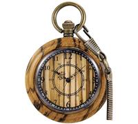 Tiong Classic Wood Quartz Pocket Watch - Open-Face Steampunk Minimalist Pendant with 14in Chain, Wooden Pendant for Anniversary, Father’s Day, Groomsmen with Black Gift Box for Men -Brown